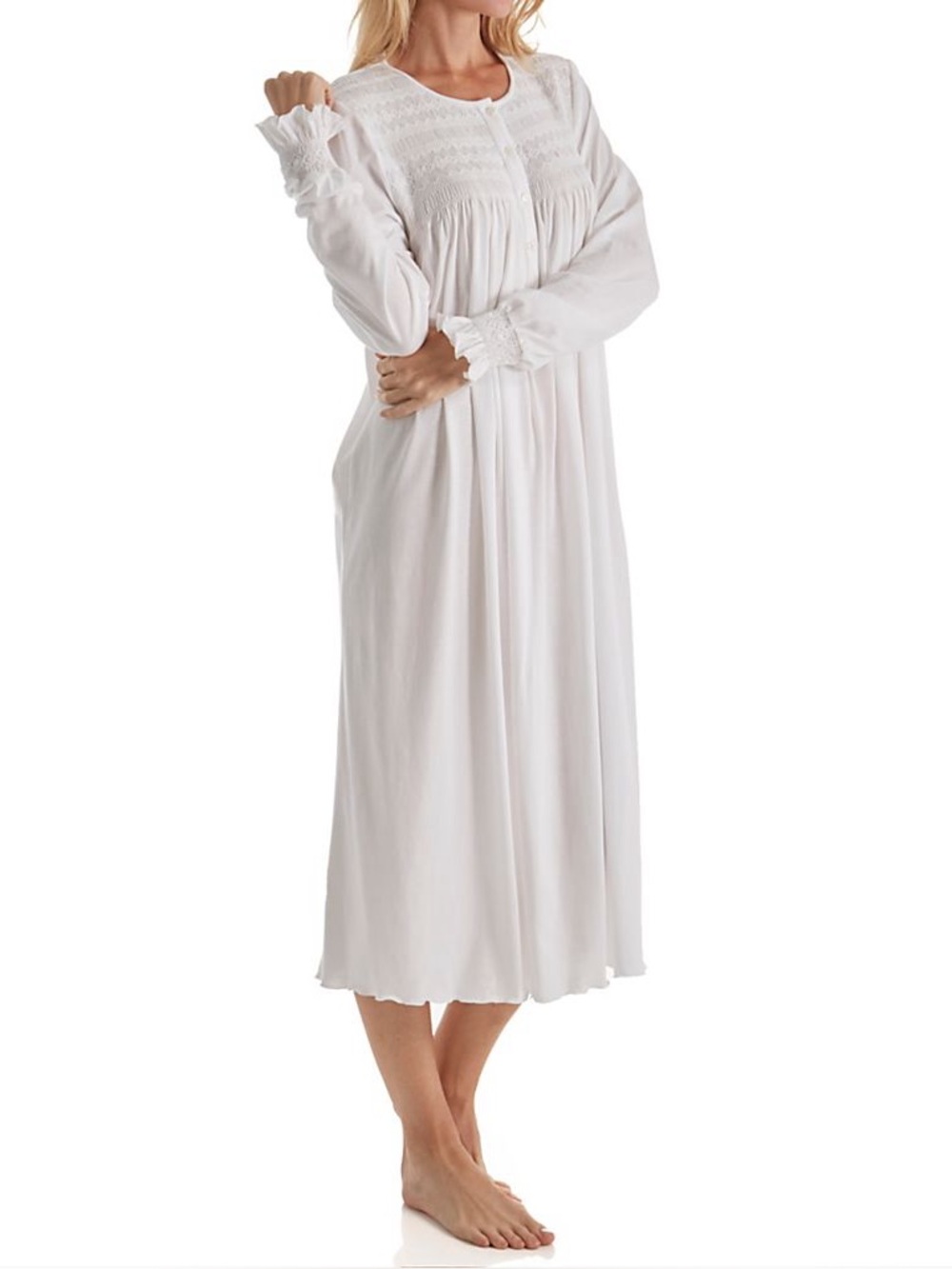 P.Jamas $210 Isabel White Smocked LS Pima Cotton Night Gown Womens L EUC